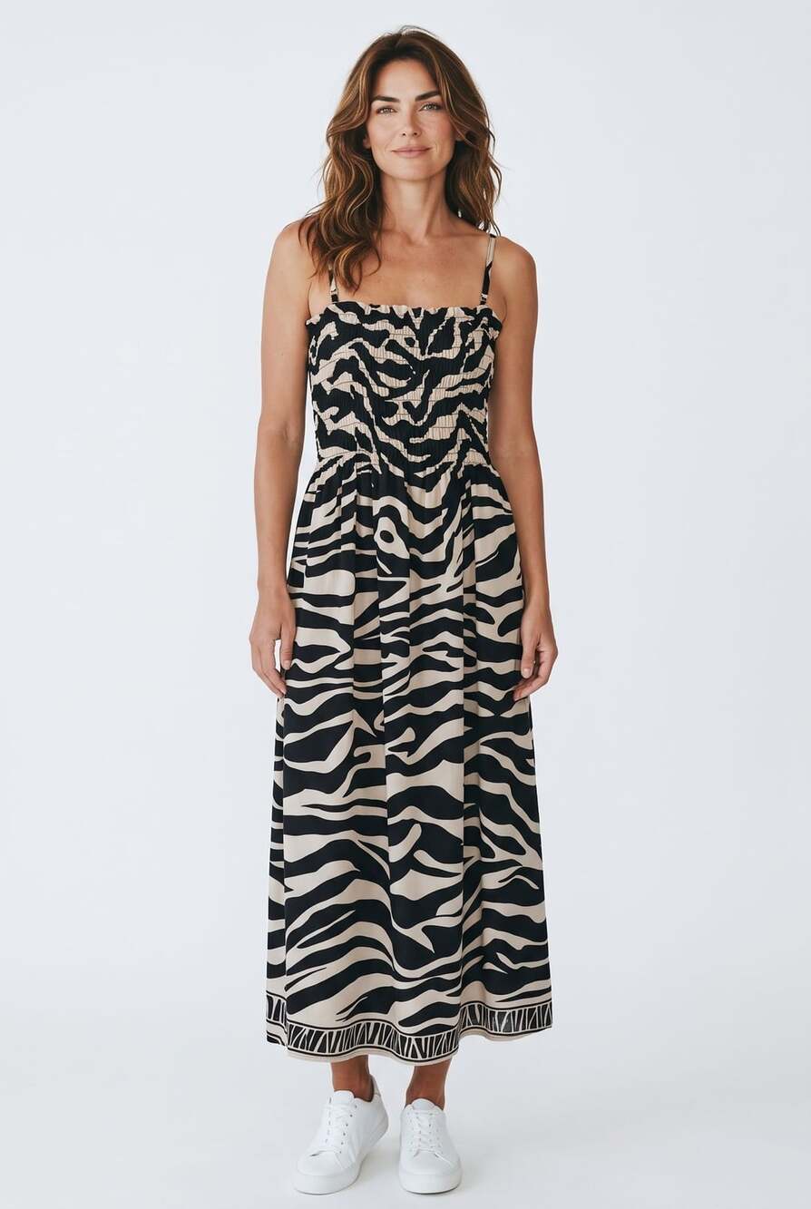 India Boutique Smocked Maxi Dress Zebra Print Medium